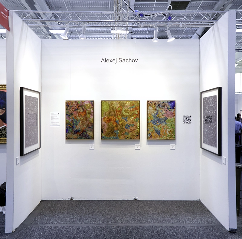 Full view of Alexej Sachov's solo booth S311 at Artexpo New York 2026, showing five works from The Jewel of Nature and The Secret Code of Nature series