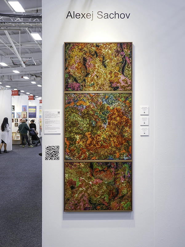 Vertical triptych installation of three works from The Jewel of Nature series by Alexej Sachov at Booth S311, Artexpo New York 2026